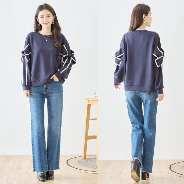 【M〜L】リボンスリーブ配色ラインプルオーバー｜TRUBE