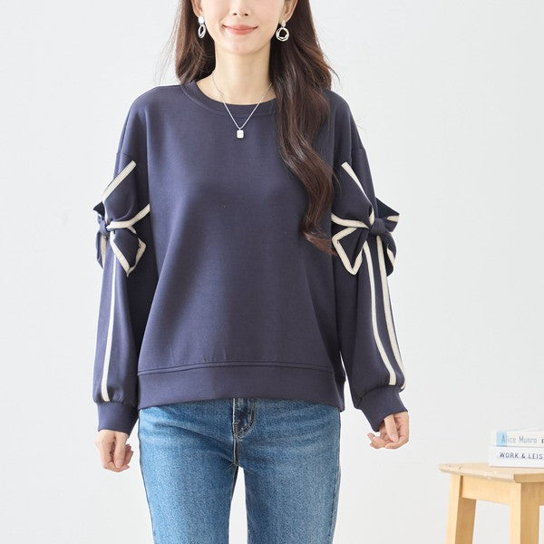 【M〜L】リボンスリーブ配色ラインプルオーバー｜TRUBE