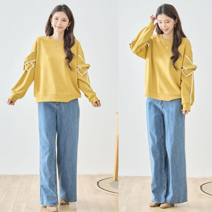 【M〜L】リボンスリーブ配色ラインプルオーバー｜TRUBE