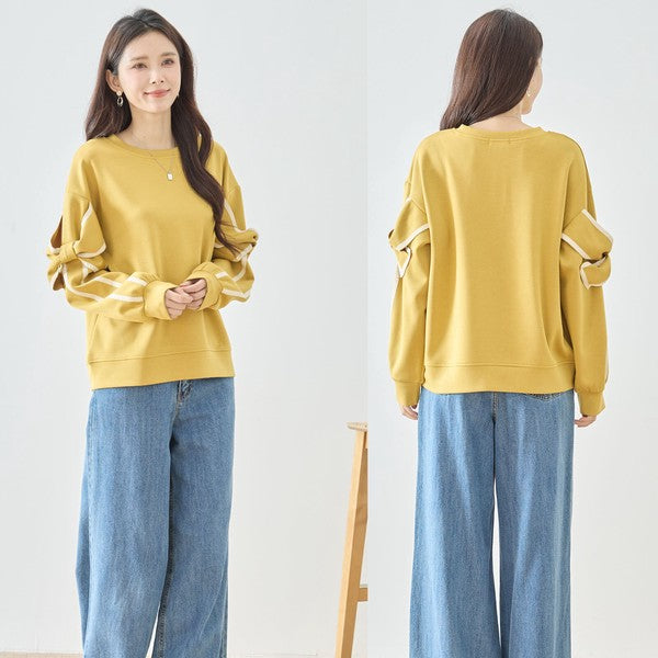 【M〜L】リボンスリーブ配色ラインプルオーバー｜TRUBE