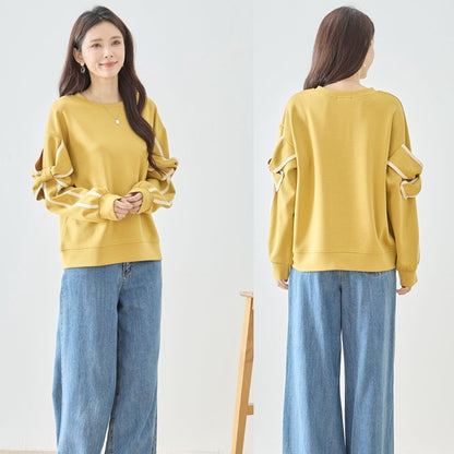 【M〜L】リボンスリーブ配色ラインプルオーバー｜TRUBE