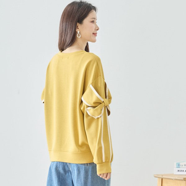 【M〜L】リボンスリーブ配色ラインプルオーバー｜TRUBE