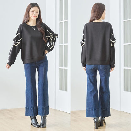 【M〜L】リボンスリーブ配色ラインプルオーバー｜TRUBE