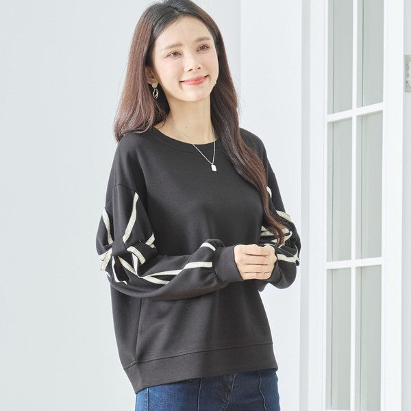 【M〜L】リボンスリーブ配色ラインプルオーバー｜TRUBE