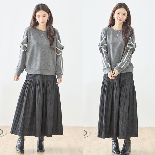 【M〜L】リボンスリーブ配色ラインプルオーバー｜TRUBE