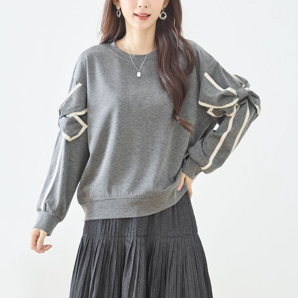 【M〜L】リボンスリーブ配色ラインプルオーバー｜TRUBE