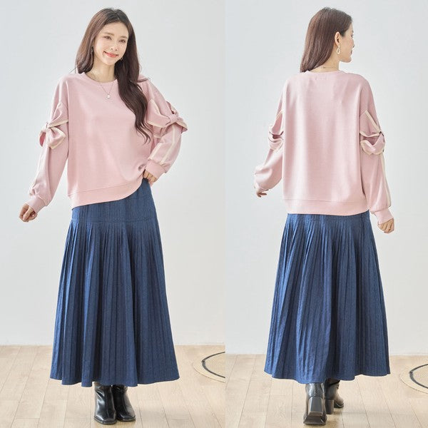 【M〜L】リボンスリーブ配色ラインプルオーバー｜TRUBE