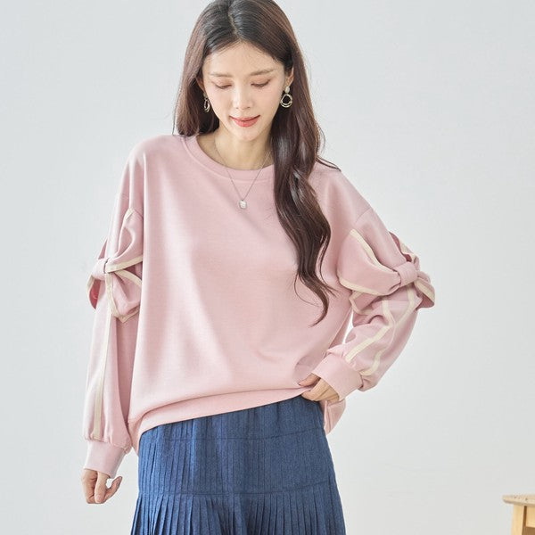 【M〜L】リボンスリーブ配色ラインプルオーバー｜TRUBE