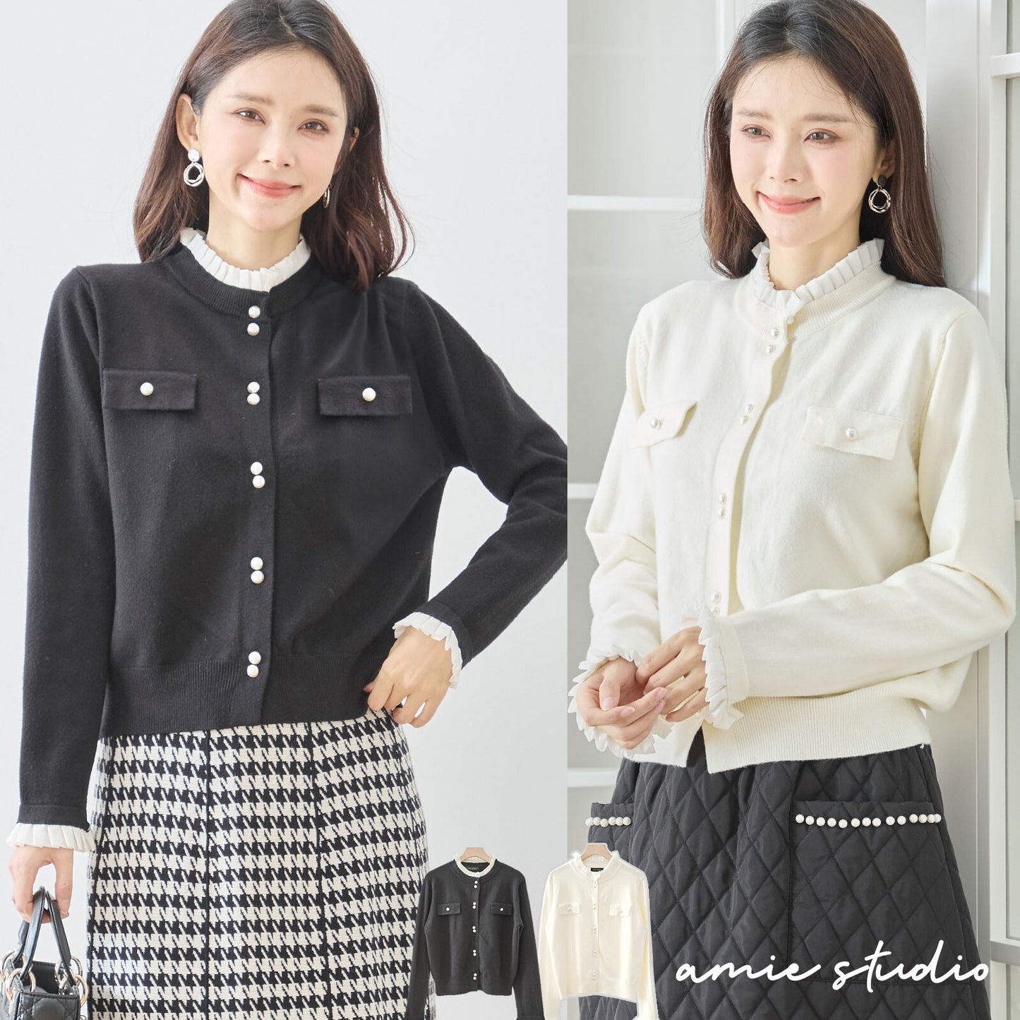 【M〜L】フリルネックパール釦ニットカーディガン｜amie studio