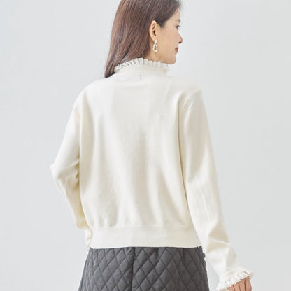 【M〜L】フリルネックパール釦ニットカーディガン｜amie studio