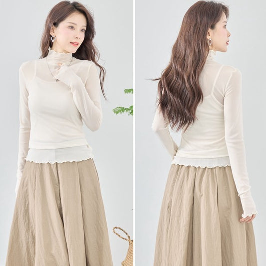 【M-L】メロウシアーハイネックトップス 透け感 レイヤード インナー フリルネック TRUBE