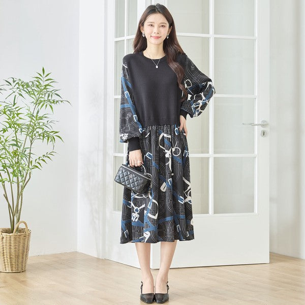 プリントドッキングニットワンピース 異素材切替 スカーフ柄 長袖 華やか