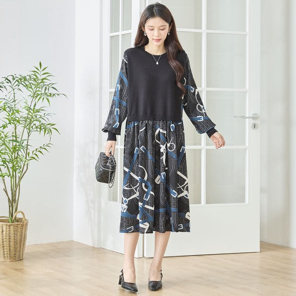 プリントドッキングニットワンピース 異素材切替 スカーフ柄 長袖 華やか