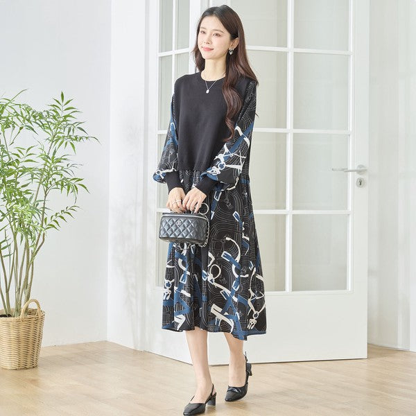 プリントドッキングニットワンピース 異素材切替 スカーフ柄 長袖 華やか