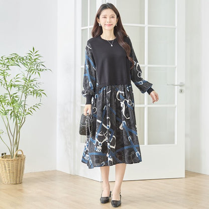 プリントドッキングニットワンピース 異素材切替 スカーフ柄 長袖 華やか