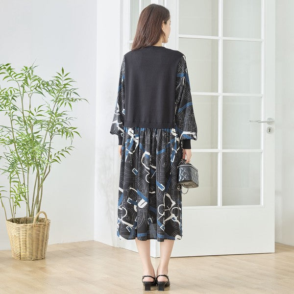 プリントドッキングニットワンピース 異素材切替 スカーフ柄 長袖 華やか