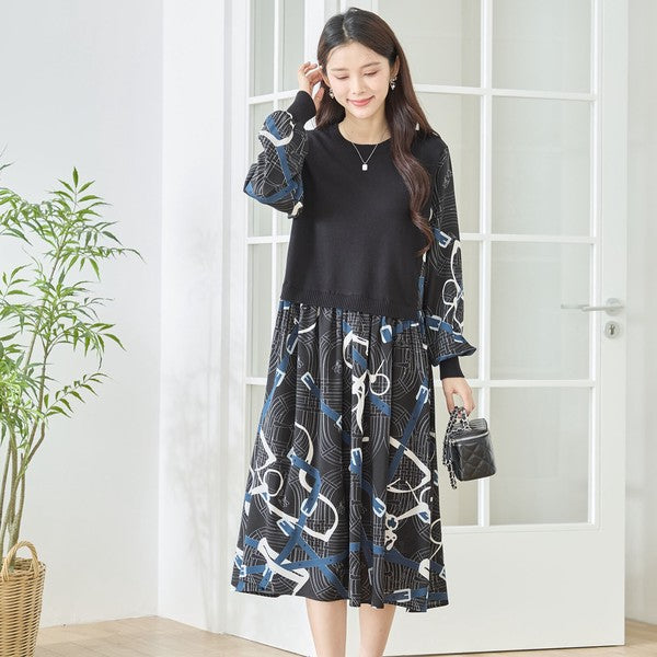 プリントドッキングニットワンピース 異素材切替 スカーフ柄 長袖 華やか