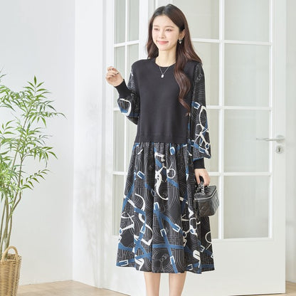プリントドッキングニットワンピース 異素材切替 スカーフ柄 長袖 華やか