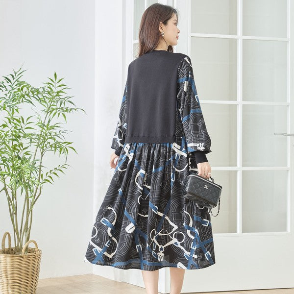 プリントドッキングニットワンピース 異素材切替 スカーフ柄 長袖 華やか