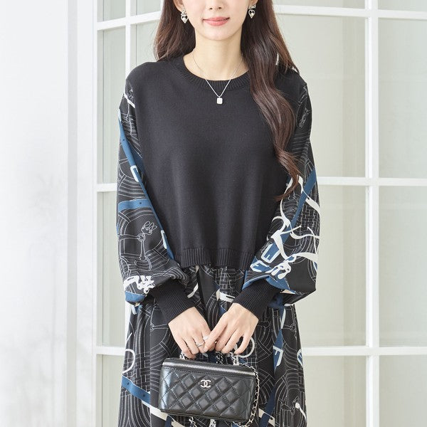 プリントドッキングニットワンピース 異素材切替 スカーフ柄 長袖 華やか