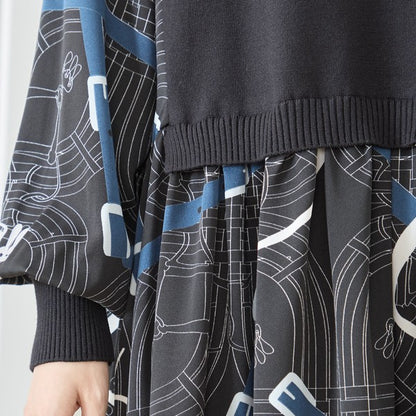 プリントドッキングニットワンピース 異素材切替 スカーフ柄 長袖 華やか