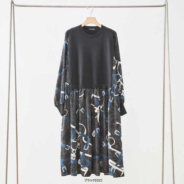 プリントドッキングニットワンピース 異素材切替 スカーフ柄 長袖 華やか