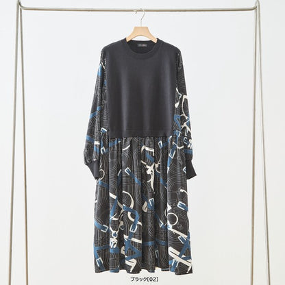 プリントドッキングニットワンピース 異素材切替 スカーフ柄 長袖 華やか