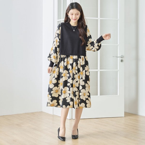 フラワープリント ドッキング ニットワンピース 花柄 長袖 異素材切替 きれいめ