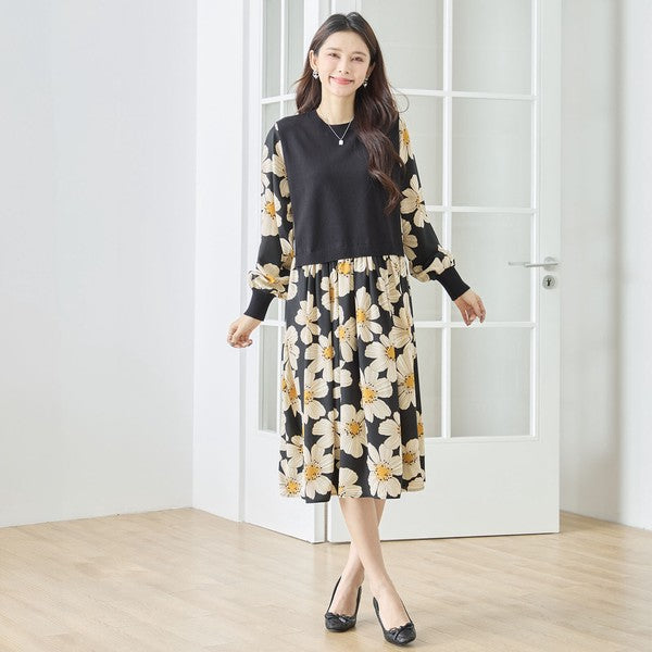 フラワープリント ドッキング ニットワンピース 花柄 長袖 異素材切替 きれいめ