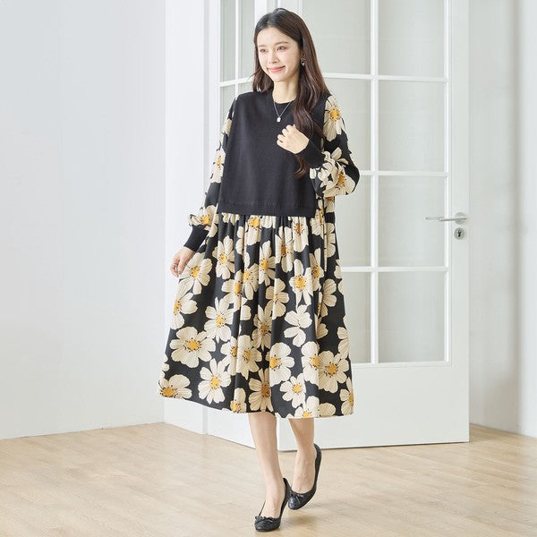 フラワープリント ドッキング ニットワンピース 花柄 長袖 異素材切替 きれいめ
