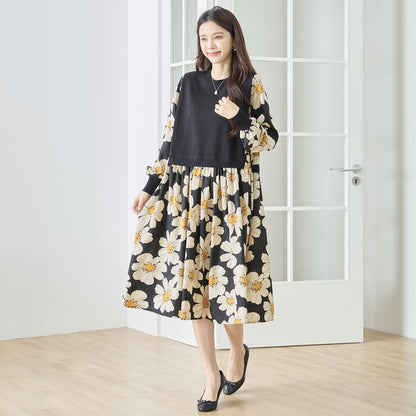 フラワープリント ドッキング ニットワンピース 花柄 長袖 異素材切替 きれいめ