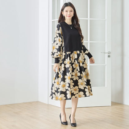 フラワープリント ドッキング ニットワンピース 花柄 長袖 異素材切替 きれいめ