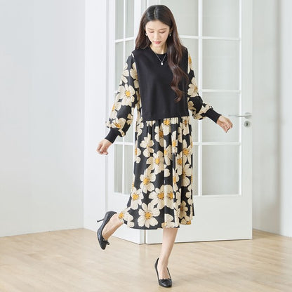 フラワープリント ドッキング ニットワンピース 花柄 長袖 異素材切替 きれいめ