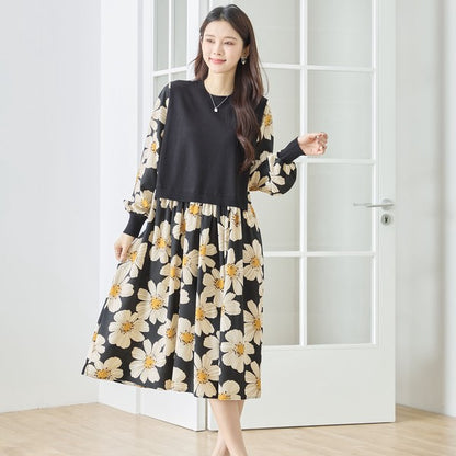 フラワープリント ドッキング ニットワンピース 花柄 長袖 異素材切替 きれいめ