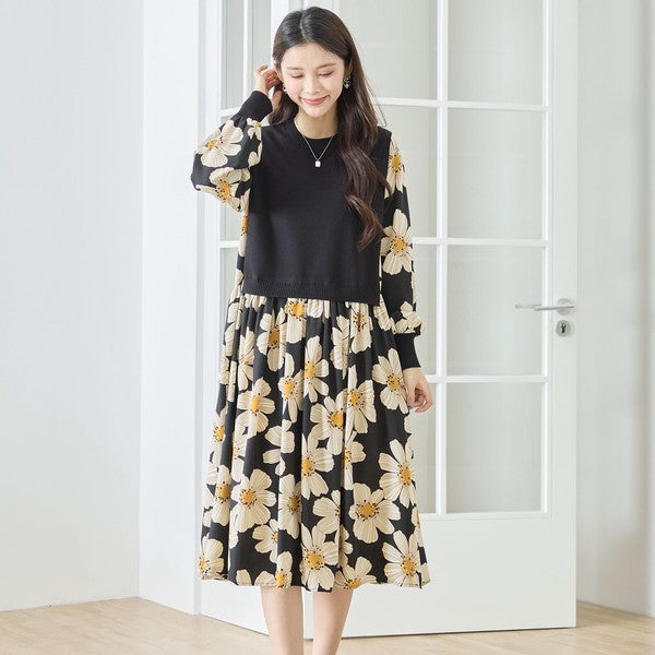 フラワープリント ドッキング ニットワンピース 花柄 長袖 異素材切替 きれいめ