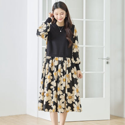 フラワープリント ドッキング ニットワンピース 花柄 長袖 異素材切替 きれいめ