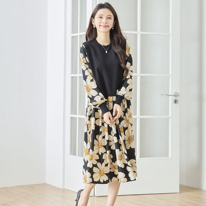 フラワープリント ドッキング ニットワンピース 花柄 長袖 異素材切替 きれいめ