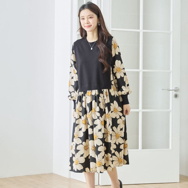 フラワープリント ドッキング ニットワンピース 花柄 長袖 異素材切替 きれいめ