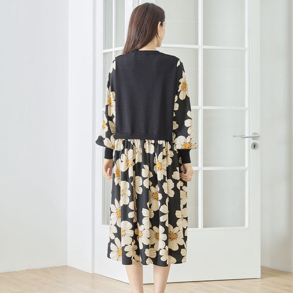 フラワープリント ドッキング ニットワンピース 花柄 長袖 異素材切替 きれいめ