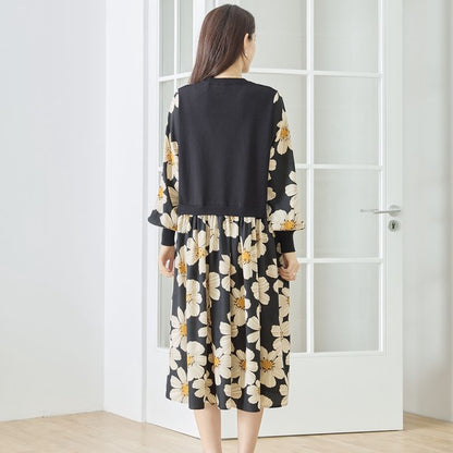フラワープリント ドッキング ニットワンピース 花柄 長袖 異素材切替 きれいめ