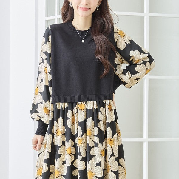 フラワープリント ドッキング ニットワンピース 花柄 長袖 異素材切替 きれいめ