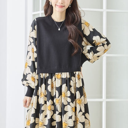 フラワープリント ドッキング ニットワンピース 花柄 長袖 異素材切替 きれいめ