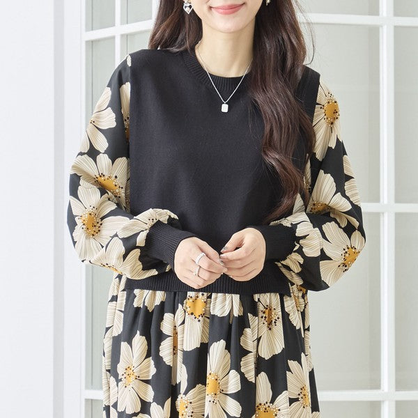 フラワープリント ドッキング ニットワンピース 花柄 長袖 異素材切替 きれいめ
