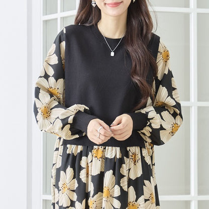 フラワープリント ドッキング ニットワンピース 花柄 長袖 異素材切替 きれいめ