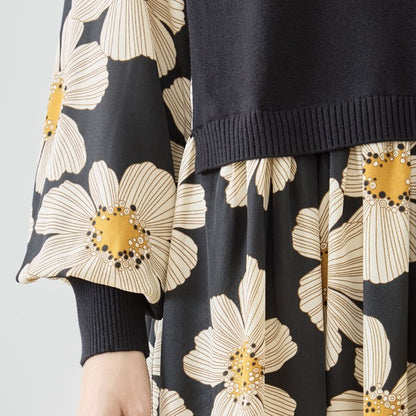 フラワープリント ドッキング ニットワンピース 花柄 長袖 異素材切替 きれいめ