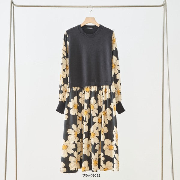 フラワープリント ドッキング ニットワンピース 花柄 長袖 異素材切替 きれいめ