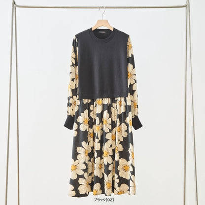 フラワープリント ドッキング ニットワンピース 花柄 長袖 異素材切替 きれいめ