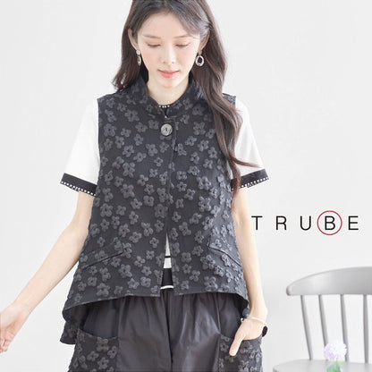 ワンボタン ジャカードベスト 花柄 立体モチーフ レイヤード 前後差ヘム フレア