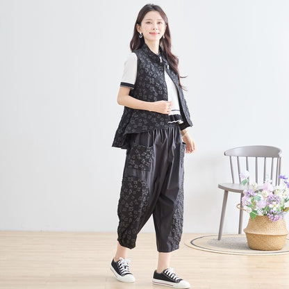 ワンボタン ジャカードベスト 花柄 立体モチーフ レイヤード 前後差ヘム フレア