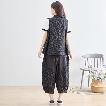 ワンボタン ジャカードベスト 花柄 立体モチーフ レイヤード 前後差ヘム フレア